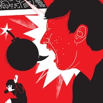 Wo die Meinungsfreiheit endet Illustration: Mann auf iPad brüllt in Richtung eingeschüchterte Frau