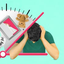 Gibt es die Midlife-Crisis wirklich? Illustration: Verzweifelter Mann wird von symbolischem Tachozeiger der Lebensjahre unter Druck gesetzt