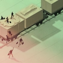 Jetzt in Bitcoins investieren? Illustration Menschen rennen einem Zug mit Bitcoin und anderen Kryptowährungen hinterher. An der Wall Street sind jetzt auch Bitcoin-Fonds zugelassen. Heisst das, dass man jetzt in Kryptowährungen investieren sollte?