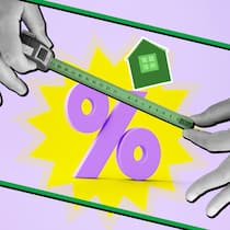 Hypothek erneuern und Geld sparen Ein Bilderrahmen mit zwei Händen und einem Massband vor einem grossen Prozentzeichen und einem Haus vor lila Hintergrund. Wie Sie Geld sparen, wenn Sie Ihre Hypothek ablösen.