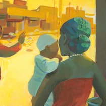 Die zerrissene Familie Illustration: Mann verabschiedet sich von Frau und Kind