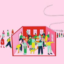 Uns gehen die Wohnungen aus Illustration von Wohnung mit langer Schlange für die Wohnungsbesichtigung. Die Wohnungsnot treibt viele in die Verzweiflung – und wird nun zum Wahlkampfthema. Was das mit Schweinen zu tun hat.