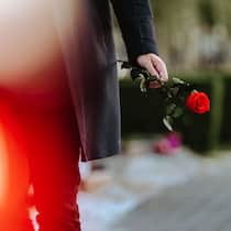 Weniger Diskriminierung für Witwer Man in the cemetery holding a red rose in his hand