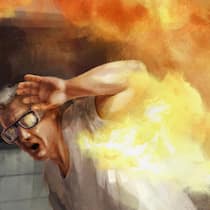 «Ich habe mich selber mit dem Schlauch gelöscht» Ein Arbeiter des Rheinmetall-Konzerns wird bei einer Explosion lebensgefährlich verletzt und klagt gegen seinen Arbeitgeber. Der wehrt sich mit Händen und Füssen. Illustration zu Beobachter "Der Fall" von Lucy Kägi.