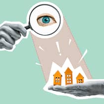 Höhere Mieten: Wie viel darf der Vermieter verlangen? Illustration eines Haus, das von einem Auge unter die Lupe genommen wird. Die Schlichtungsbehörden im Kanton Zürich haben entschieden, wie viel die Mieten pauschal steigen dürfen - zumindest in Bezug auf die allgemeinen Kostensteigerungen.
