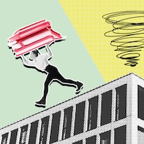 Was tun, wenn das Studium schwerfällt? Zwei Frauen tragen übergrosse Bücherstapel auf einem Hausdach mit Wirbelsturm.Collage zum Thema - Weg von der Uni! Oder nicht? Ein Studium kann einem schnell verleiden. Dann heisst es: möglichst rasch handeln. Wir zeigen vier Möglichkeiten auf. - erstellt am 2. Oktober 2025.Bildquellen***Frau mit Bücher: iStock 14397782…