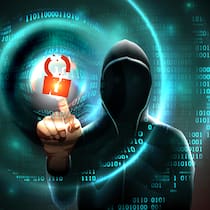 Viele Schweizer Firmen wollen Cyberangriffe nicht offenlegen Computer hacker hood touches touchscreen with hacked lock symbol and binary code. Waves on abstract binary background hacker silhouette. Hacking computer system, database server, data theft, vector