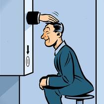 Das lob ich mir! Illustration: Mann lässt sich von maschineller Hand auf den Kopf tätscheln