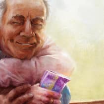 Der IV-Rentner und die Prinzessin Ein Mann verliebt sich in eine Frau. Sie scheint interessiert. Am Ende ist er um 23000 Franken ärmer und darf sich ihr nicht mehr nähern. Illustration zeigt eine Frau, die einen Mann von hinten umarmt, er hält Geldnoten in der Hand. Beide lächeln.