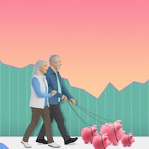 So sorgen Sie mit ETFs fürs Alter vor Paar führt Sparschweine Gassi - Wie man mit ETFs als Geldanlage fürs Alter vorsorgen kann.