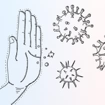 Schafft mein Immunsystem das? Eine Hand, die eine Abwehrbewegung in Richtung grafisch dargestellte Viren macht.