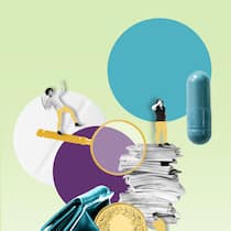 Wie wir jedes Jahr 1000 Franken sparen könnten Illu mit Menschen, Papierstapeln und Münz - Die Kosten der Grundversicherung liessen sich um einen Fünftel senken – ohne Leistungseinbusse. Das stellt das Bundesamt für Gesundheit fest. Doch niemand will ernsthaft sparen