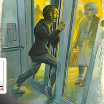 «Bin ich nicht krank genug?» Illustration Frau klemmt sich in Lift das Knie ein