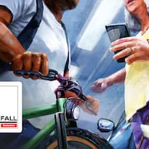 Da hört der Spass auf Illustration Junger Mann mit grünem Fahrrad wird von älterer Frau mit Smartphone konfrontiert.