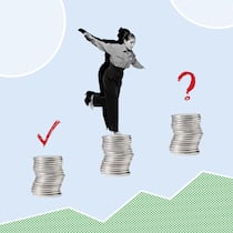 AHV- Maximalrente – so viel erhalten Sie nach der Pensionierung Frau springt auf Münz-Stapeln - Was ist mit Begriffen wie Voll- oder Maximalrente gemeint? Und welchen Einfluss hat die 13. AHV-Rente auf die Höhe? Der Beobachter erklärt es mithilfe eines simplen Tools