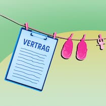 Wie der berufliche Wiedereinstieg als Mami gelingt Eine Wäscheleine mit Babykleidung und einem Arbeitsvertrag. So gelingt der berufliche Wiedereinstieg als Mutter.