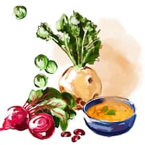 Welche Lebensmittel halten uns im Winter warm? Illustration Wintergemüse und Suppe. Warme Speisen mit viel Eiweiss heizen den Körper auf. Scharf Gewürztes und Alkohol kühlen ihn ab.