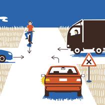 Quiz: Würden Sie die Fahrprüfung bestehen? Illustration für Theorieprüfung. Kreuzung mit Rechtsvortritt. Auf der Kreuzung stehen zwei Autos, ein Lastwagen und ein Velo.
