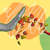 Ärger mit dem Laub – wer ist zuständig? Eine Hexe auf einem Laubbläser pustet Blätter gegen eine übergrosse Hand vor gelbem Hintergrund - Was Sie über lästiges Laub wissen sollten