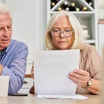 Grosse Versprechen, kleiner Profit Paar kümmert sich um Papierkram.