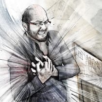 Herr Loosli leidet – aber nicht genug Illustration: Mann greift sich ans Herz, als er einen Herzinfarkt erleidet