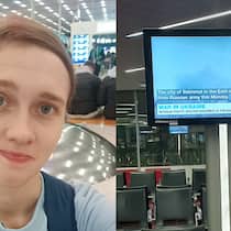 Tröstender Schnee und unsere neuen Heiligen Kateryna Potapenko wartet am Flughafen während in den Nachrichten erneut von russischen Angriffen auf die Ukraine berichtet wird.