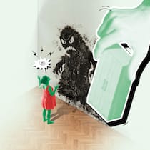 Erst schimmeln die Wände, dann klingelt die Polizei Collage mit Frau und einem Schimmelmonster an der Wand - In der Neubauwohnung der Familie Zaugg frisst sich schwarzer Schimmel durch die Wand. Es ist der Auftakt einer juristischen Odyssee, die letztlich beim Betreibungsamt endet