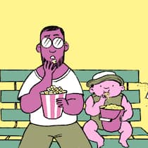 Das Leben live vom Spielplatz Papa und Kind essen Popcorn