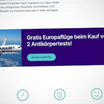 Corona-Testcenter lockt mit Gratisflügen Screenshot der Website von deintest.ch mit der Gratisflug-Aktion