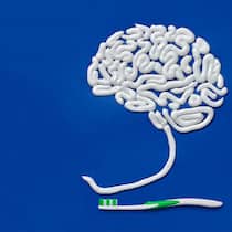 Gesundes Gehirn beginnt im Mund Ein stilisiertes Gehirn, auf ein Blatt Papier gemalt mit Zahnpasta.