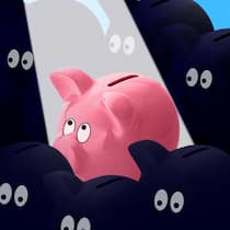 6,75 Milliarden kontaktloses Altersguthaben – ist Ihres dabei? Ein Sparschwein im Scheinwerferlicht. Illustration zum Spezial Vorsorge 10/26, Vergessene Guthaben ©Philip Bürli