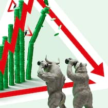 Börsencrash – diese vier Warnzeichen künden das Beben an Ein Diagramm mit fallenden Kursen, die von einem Bullen und einem Bären mit einem Feldstecher aus der Ferne beobachtet werden - Die Börse verzeichnet Rekordkurse. Trotzdem schwebt die Angst vor einem plötzlichen Crash. Doch: Grosse Krisen folgten bisher oft einem Muster. So deuten Sie die Vorzeichen.