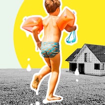 Sekundäres Ertrinken – wie Sie sich und Ihre Kinder schützen Ein Kind mit Schwimmflügeln neben einem Haus und einem Rettungsring. Wenn Kinder ausserhalb des Wassers ertrinken.