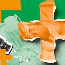 Sollten Sie Ihre  Zusatzversicherung kündigen? Eine Mutter mit Neugeborenem vor Arztkreuzen, einer Brille und einem Fläschchen. Was sollte man bei Zusatzversicherungen beachten, wenn man die bestehende kündigen oder zu einer neuen wechseln will? Der Beobachter liefert Antworten auf die wichtigsten Fragen