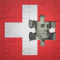 Keine AHV wegen US-Sanktionen puzzle with the colourful national flag of switzerland and usa dollar banknote. finance concept