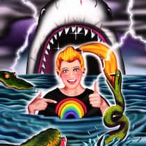 Wenn zu viel Optimismus krank macht Eine fröhlich lachende Person schwimmt in einem Meer voller Krokodile, Schlangen und einem grossen Hai.