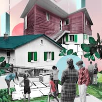 So gibts Platz für alle Collage: Menschen vor einem Einfamilienhaus - Die Schweiz baut zu wenig Wohnungen für immer mehr Menschen. Ändert sich das nicht, bleibt nur Zusammenrücken. Genossenschaften und manche private Eigentümer zeigen, wie es geht