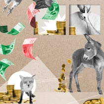 Und was hast du im Portemonnaie? Collage mit Banknoten, Münzen, einem Esel, einem Fuchs, einem Adler, und einem Mann mit verschwiegenem Zeigefinger vor dem Mund.