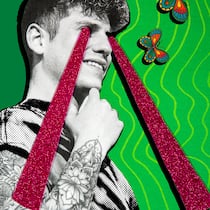Gefährliche Chemikalien in Tattoofarben Illu mit Mann, dem rote Strahlen aus den Augen fahren - Bald gelten neue Richtlinien für Tätowierungen. Damit sind allerdings nicht alle Gesundheitsrisiken aus der Welt