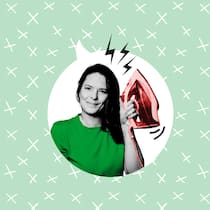 Viel Dampf um nichts Eine Sprechblase mit Katharina Siegrist, die ein Dampfbügeleisen hält, vor grünem Hintergrund mit weissen Kreuzen.