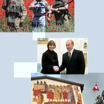 Wie die Schweiz vor Russland einknickte Collage mit Bildern von Dmitri Rogosin, Micheline Calmy-Rey, Wladimir Putin und Dmitri Medwedew - Kurz bevor Russland die Krim annektierte, lieferte die Schweiz über hundert Maschinenpistolen für den Schutz des russischen Präsidenten. Dabei war das Aussendepartement dagegen, zeigen vertrauliche Dokumente jetzt