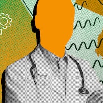 Brauche ich einen neuen Arzt, wenn ich die Krankenkasse wechsle? Eine Person mit Arztkittel und Stethoskop vor einer Checkliste und grün-orangenem Hintergrund. Der Kopf ist orange. Muss man den Hausarzt beim Kassenwechsel tauschen?