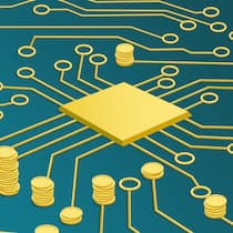 In Krypto investieren – das sollten Sie vorher wissen Das Innere einer Platine, in die mehrere Münzstapel eingearbeitet sind - Tipps, um Geld in Kryptowährung anzulegen.