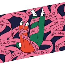 Dr., Dipl., Prof. und Co. Illustration Schlusspunkt Beobachter mit Person, die durch Bänder mit akademischen Titeln fällt
