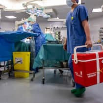 Weniger Organspenden befürchtet – was Sie jetzt tun müssen Chirurgischer Assistent trägt eine Behälter mit dem zu transplantierenden Organ zum Operationstisch.