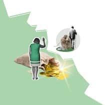 Mein Mann geht ins Altersheim – muss ich zahlen? Collage mit Frau, Mann und Sack voller Münzen - Mein Ehemann und ich haben Gütertrennung vereinbart. Nun muss er ins Heim. Muss ich mich mit meinem eigenen Vermögen an den Kosten beteiligen?