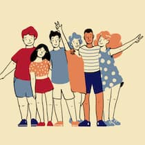 «Rufen Sie Freunde von früher wieder einmal an» Illustration Freundschaft, Männer, Frauen, Kinder in einer Gruppe