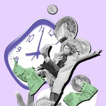 «Wer Alimente eintreiben muss, braucht viel Geduld» Eine junge Frau balanciert auf einer Geldmünze, um sie herum befinden sich weitere Münzen, zerrissene Kalenderblätter sowie eine grosse Uhr - Wenn geschuldete Kinderalimente nicht, unvollständig oder nicht rechtzeitig bezahlt werden, hilft die kantonale Inkassohilfe-Fachstelle.