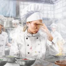 Eine junge Köchin kommt in Teufels Küche Illustration: Junge Köchin gestresst in der Küche; Burn-out Eine junge Köchin kommt in Teufels Küche Mit einem neuen Job im Restaurant erfüllt sich ein Traum für eine junge Frau. Doch bald gehören Überstunden und Konflikte zum Alltag. Nach der Kündigung wird alles noch schlimmer.