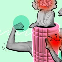 Wie Sie Ihre Faszien gesund halten Eine Faszienrolle mit zwei Armen und einem Oberkörper mit schematischem Gehirn. Wie Faszientraining gegen Schmerzen helfen kann.
